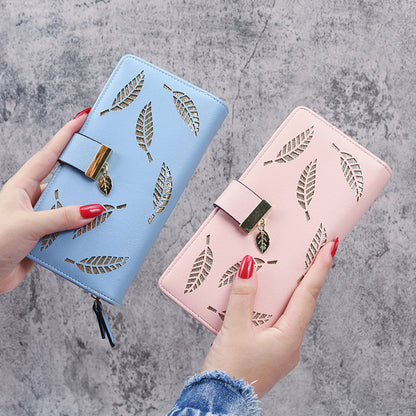 Women's Long Fashion Clutch Hollow Leaves Zipper Ladies Wallets