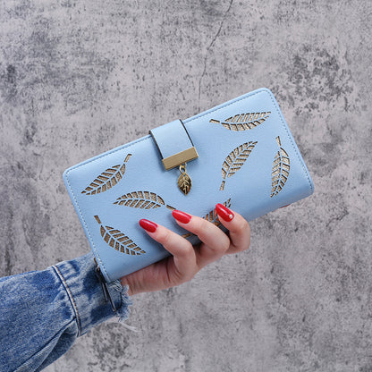 Women's Long Fashion Clutch Hollow Leaves Zipper Ladies Wallets