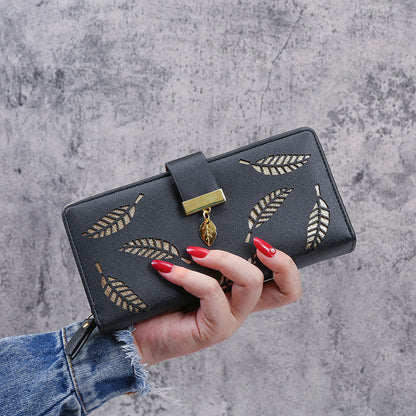 Women's Long Fashion Clutch Hollow Leaves Zipper Ladies Wallets