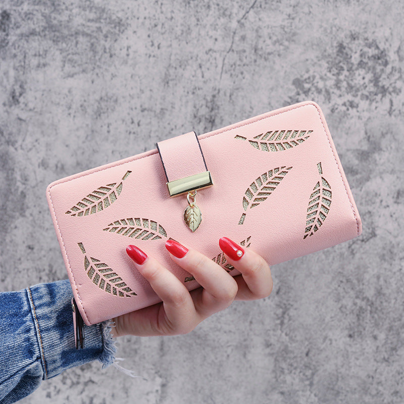 Women's Long Fashion Clutch Hollow Leaves Zipper Ladies Wallets