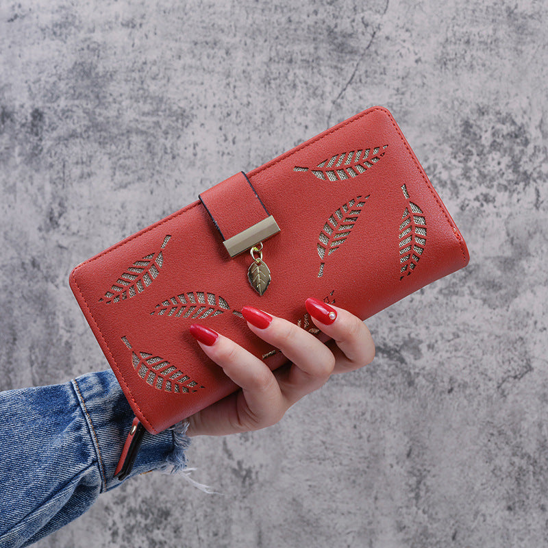 Women's Long Fashion Clutch Hollow Leaves Zipper Ladies Wallets