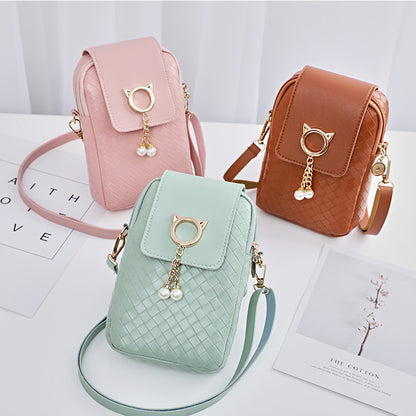 Women's Korean Style Mobile Woven Pattern Pearl Phone Bags