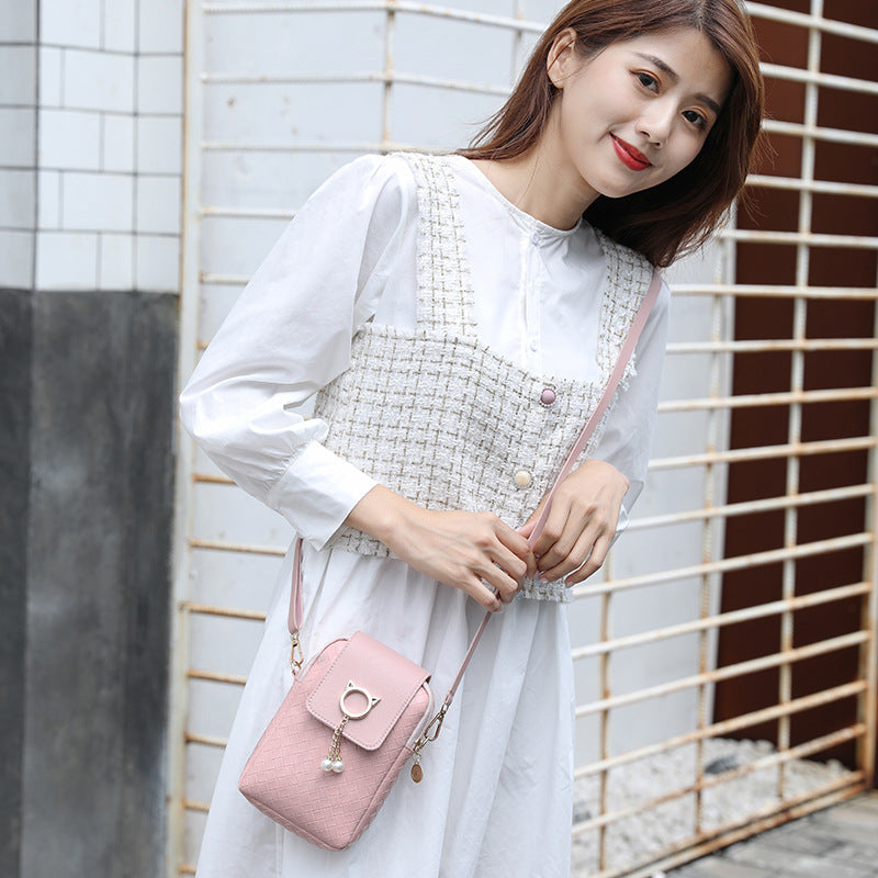 Women's Korean Style Mobile Woven Pattern Pearl Phone Bags