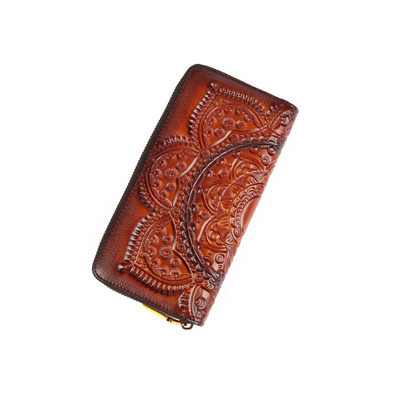 Women's Leather Embossed Zipper First Layer Cowhide Ladies Wallets