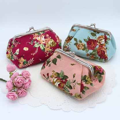 Women's Rose Canvas Fabric Small Clutch Jewelry Coin Purses