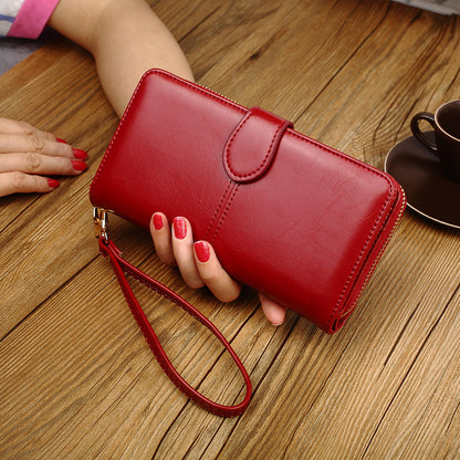 Women's Oil Wax Leather Retro Long Zipper Ladies Wallets