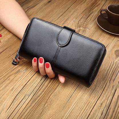 Women's Oil Wax Leather Retro Long Zipper Ladies Wallets