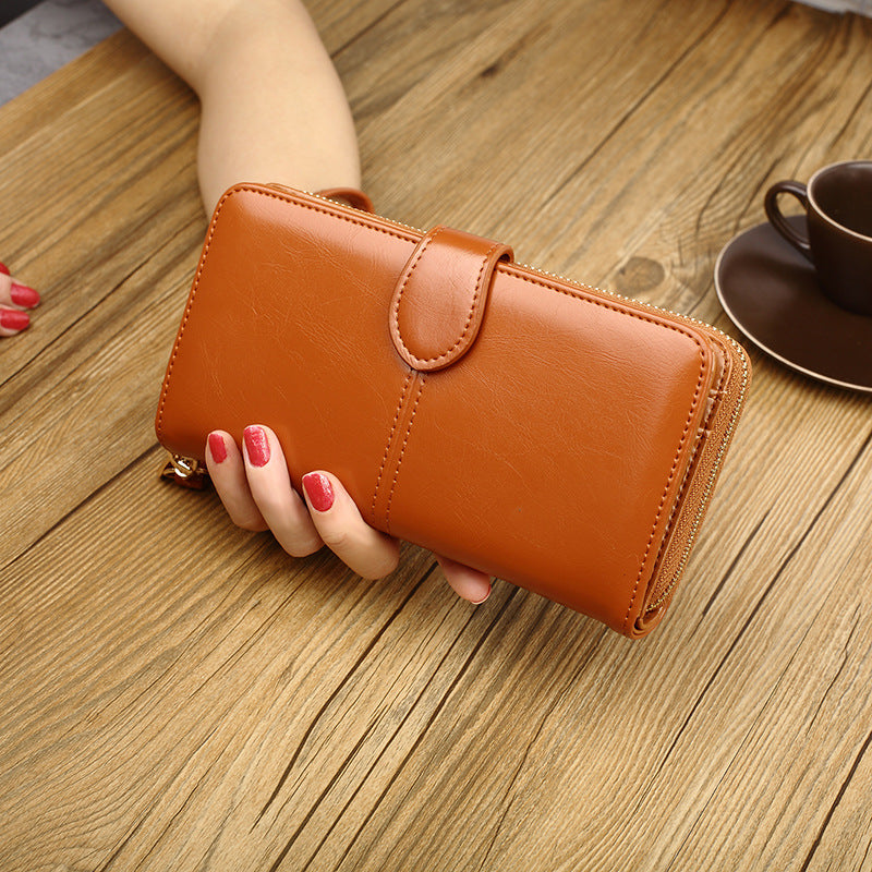 Women's Oil Wax Leather Retro Long Zipper Ladies Wallets