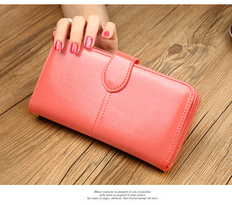 Women's Oil Wax Leather Retro Long Zipper Ladies Wallets