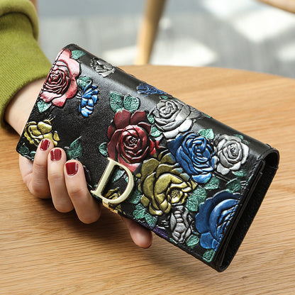 Genuine Leather Long Retro Ethnic Style Three-dimensional Ladies Wallets