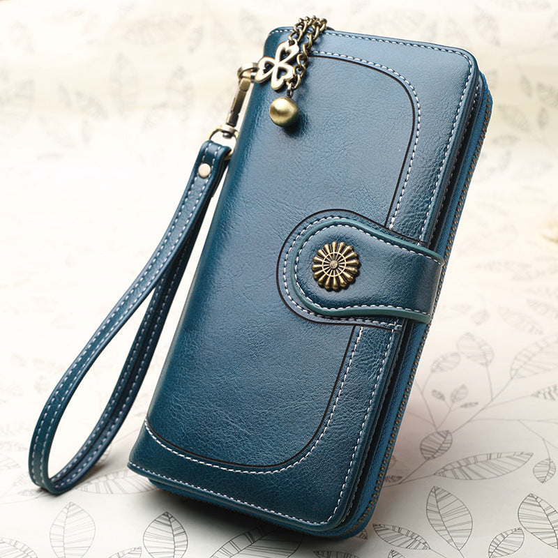 Women's Oily Leather Mobile Zipper Long Ladies Wallets