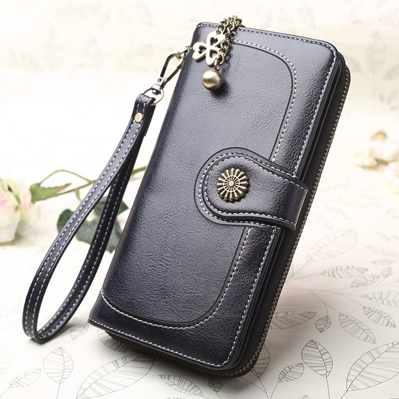 Women's Oily Leather Mobile Zipper Long Ladies Wallets