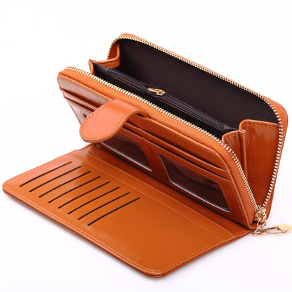 Women's Oily Leather Long Mobile Zipper Hand Bags