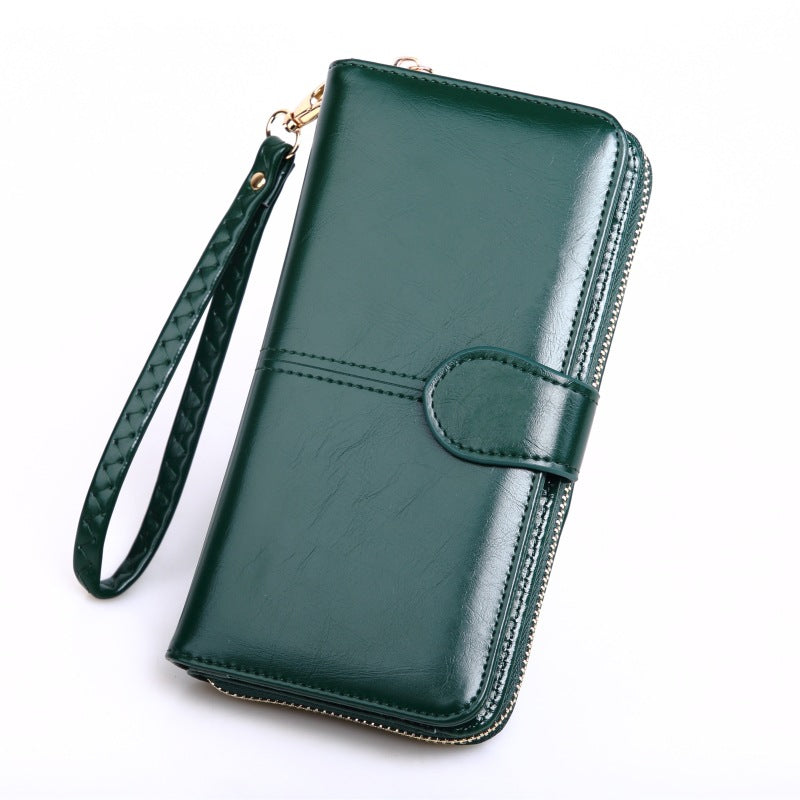 Women's Oily Leather Long Mobile Zipper Hand Bags