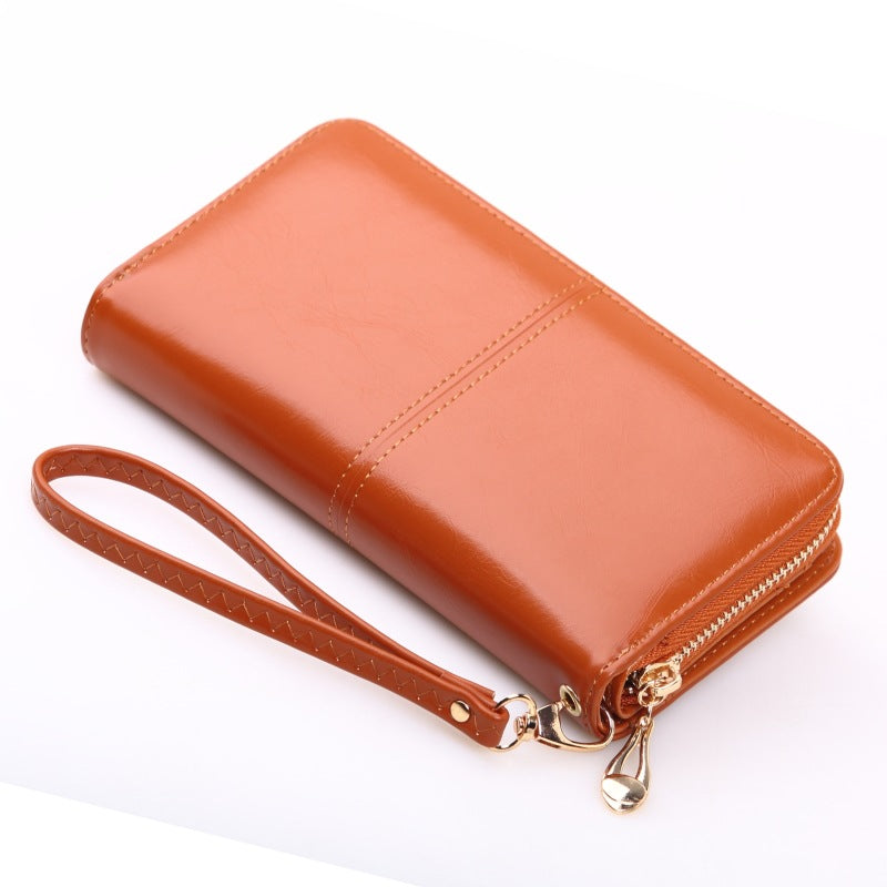 Women's Oily Leather Long Mobile Zipper Hand Bags