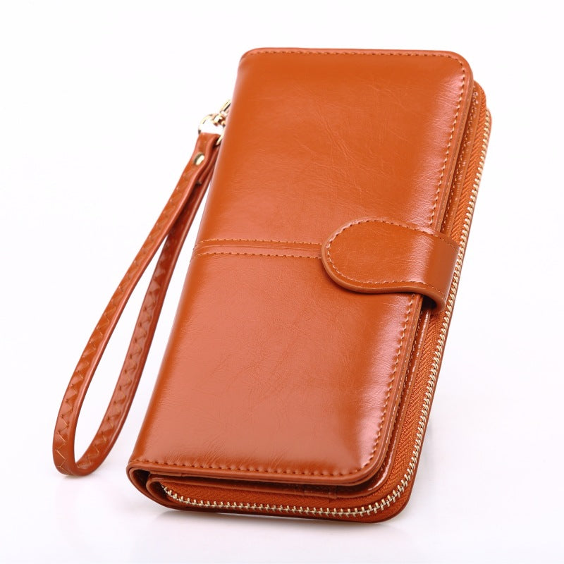 Women's Oily Leather Long Mobile Zipper Hand Bags