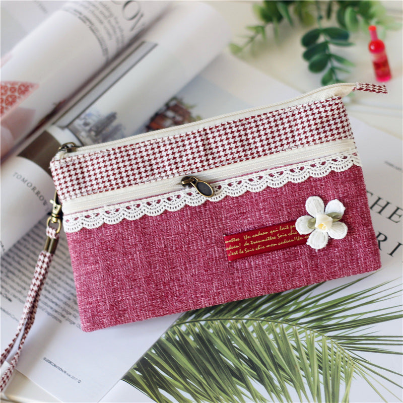 Women's Plain Hemp Double Pull Storage Clutch Ladies Wallets