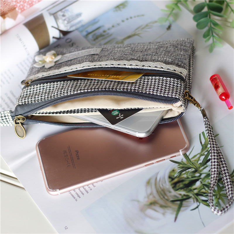 Women's Plain Hemp Double Pull Storage Clutch Ladies Wallets