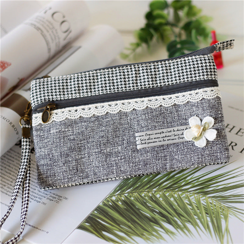 Women's Plain Hemp Double Pull Storage Clutch Ladies Wallets