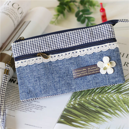 Women's Plain Hemp Double Pull Storage Clutch Ladies Wallets