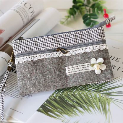 Women's Plain Hemp Double Pull Storage Clutch Ladies Wallets