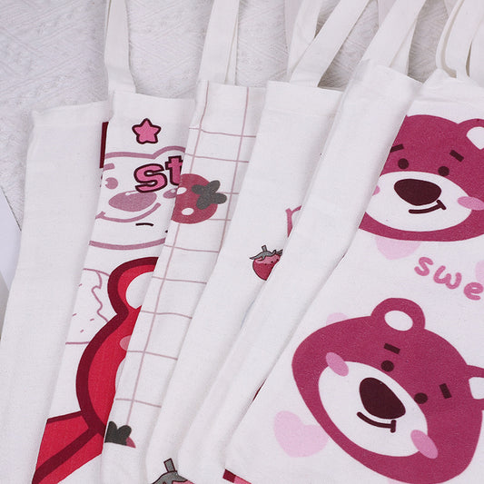 Cute Strawberry Bear Canvas Heart Large Shoulder Bags