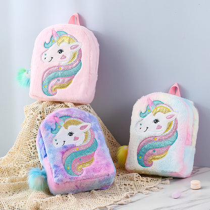 Embroidered Unicorn Cartoon Plush Large Capacity Elementary School Students' Schoolbags