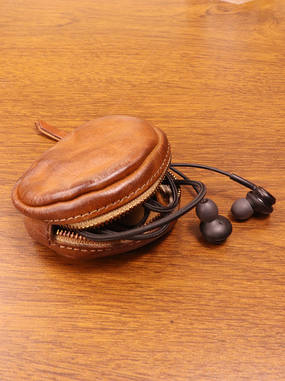 Women's Tanning Leather Retro Hand-rub Color Distressed Round Coin Purses