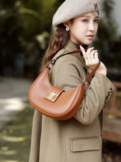 Women's Classic Saddle Underarm Genuine Leather Arc Shoulder Bags