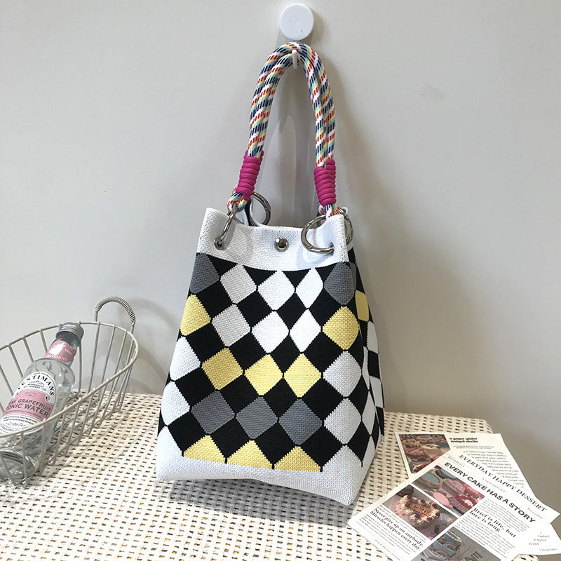 Design Black White Rhombus Knitted Versatile Handbags