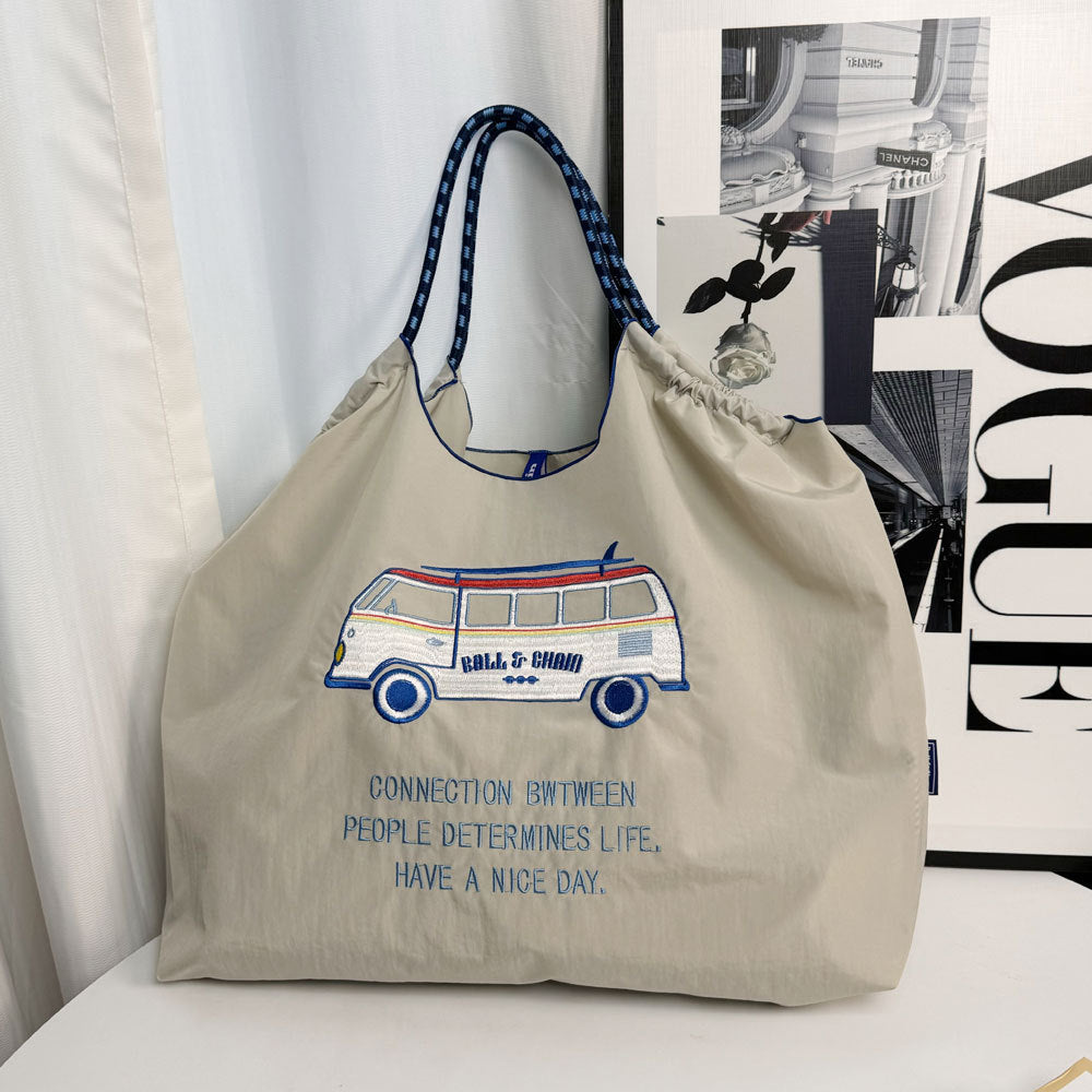 Car Embroidered Shopping Large Capacity Nylon Handbags