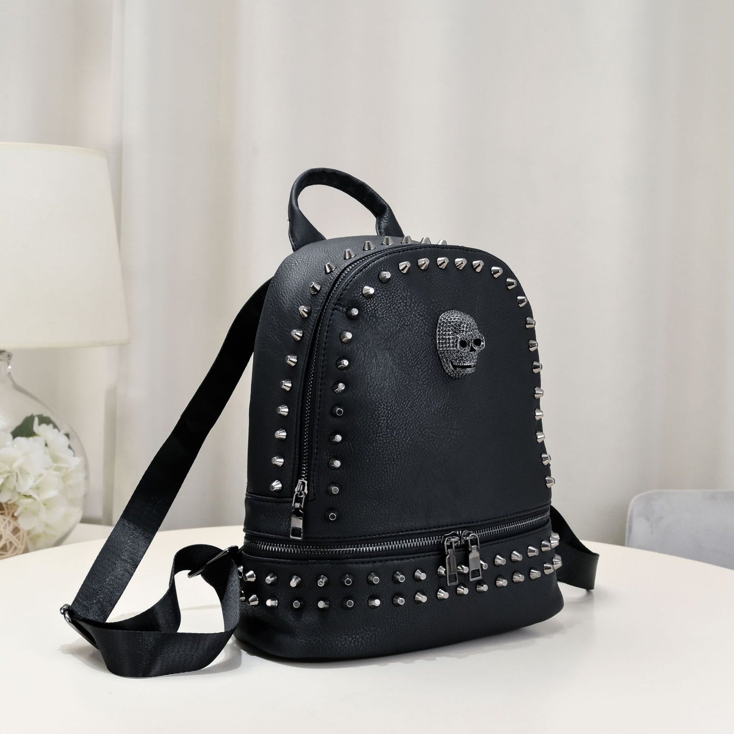 Women's Versatile Soft Leather Rivets Skull Plaid Backpacks