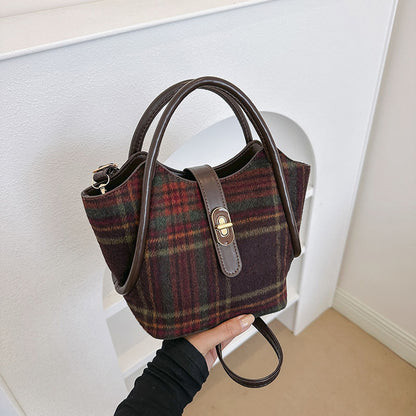 Women's Woolen Large Capacity Fashion Tote Plaid Shoulder Bags