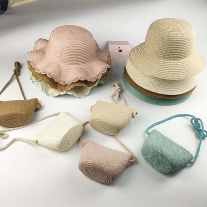 Chapeau de soleil en papier paille d'été pour enfants Mini porte-monnaie pour enfants