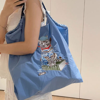 Painter Cat Embroidery Shopping Large Capacity Handbags