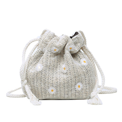 Women's Straw Woven Fashion Lace Flower Drawstring Shoulder Bags