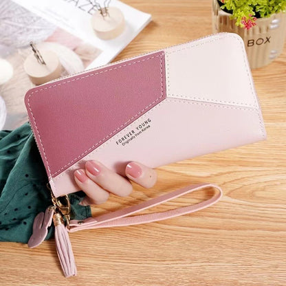 Women's Contrast Patchwork Zip Tassel Large Capacity Ladies Wallets