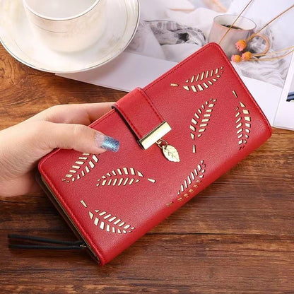 Women's Hollow Leaf Billfold Leather Korean Style Two Card Holder