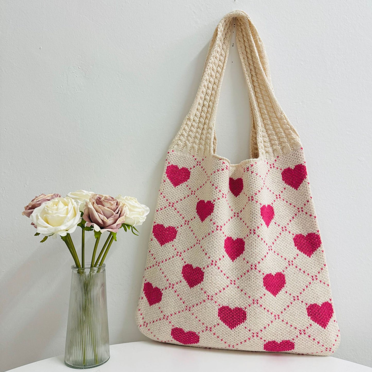 Women's Shopping Knitted Love Pattern Woven Bags