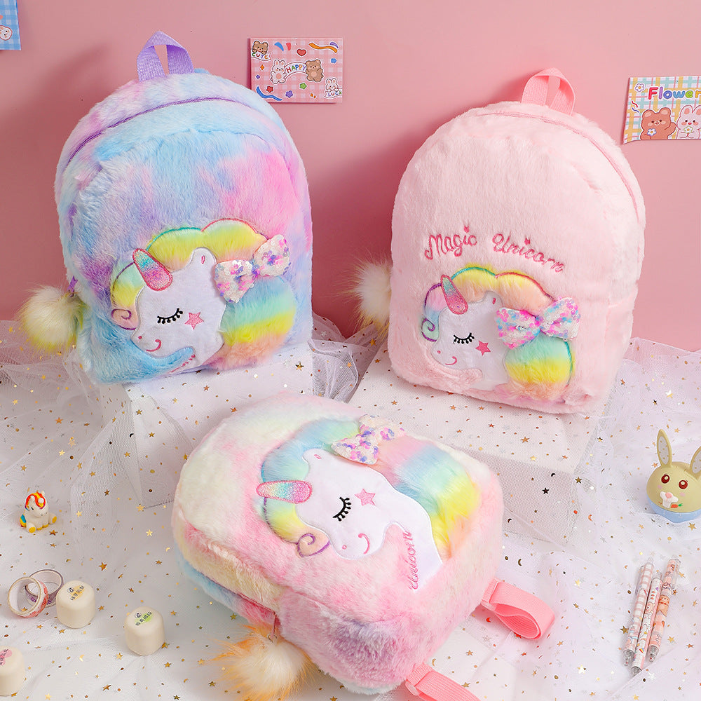 Petits sacs d'école maternelle en peluche avec nœud à paillettes et licorne