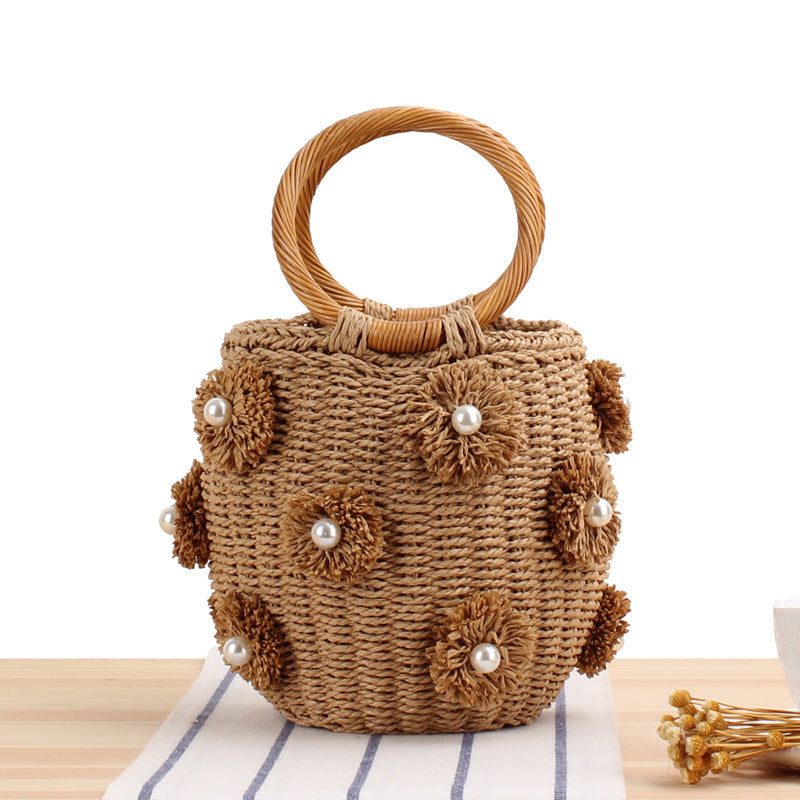 Women's Hand-held Straw Bucket Woven Hand-woven Flower Handbags