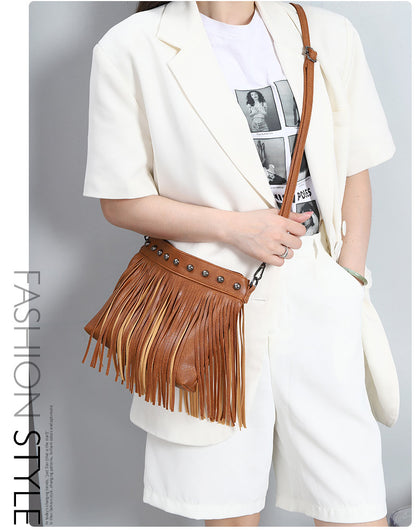 Women's Trendy Fashion Soft Leather Rivet Tassel Crossbody Bags