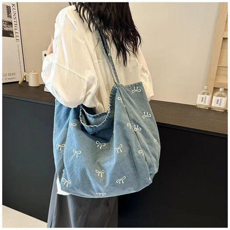 Good-looking Denim Canvas Bow Sweet Large Shoulder Bags