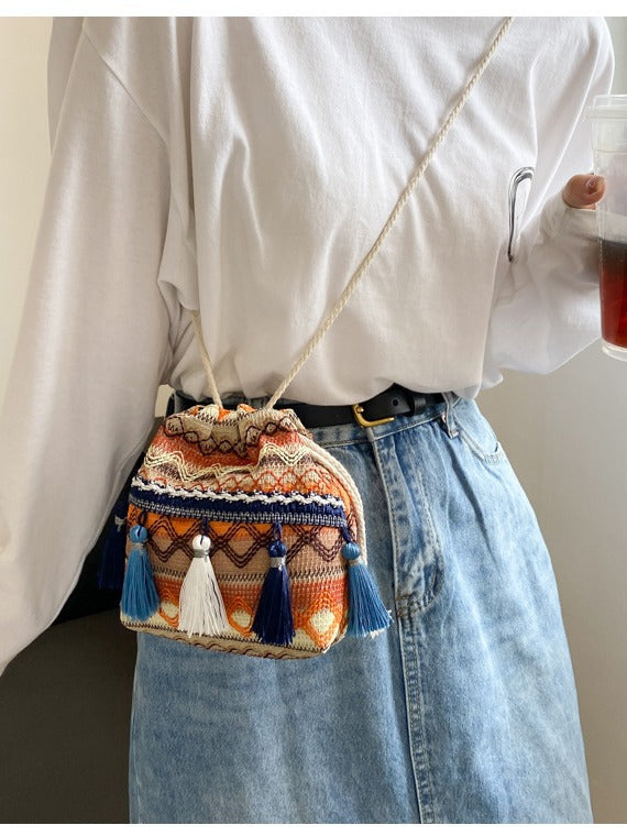 Women's Woolen Woven Street Trendy Fashion Drawstring Phone Bags