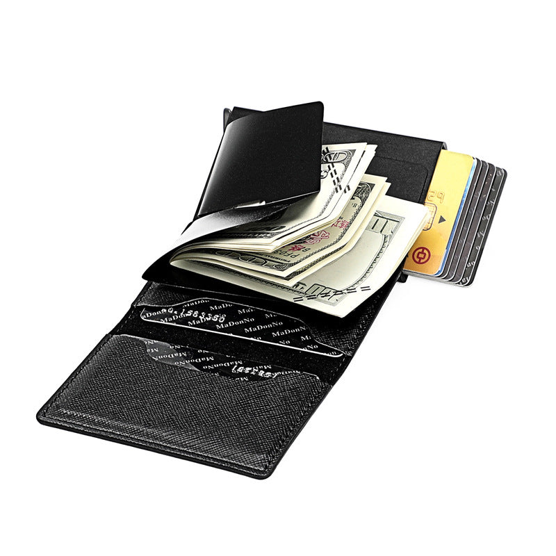 Aluminum Alloy Automatic Pop-up Genuine Leather Multiple Slots Card Holder