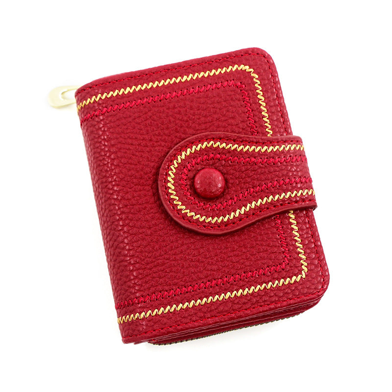 Women's Short Zipper Hasp Litchi Pattern Embroidered Ladies Wallets