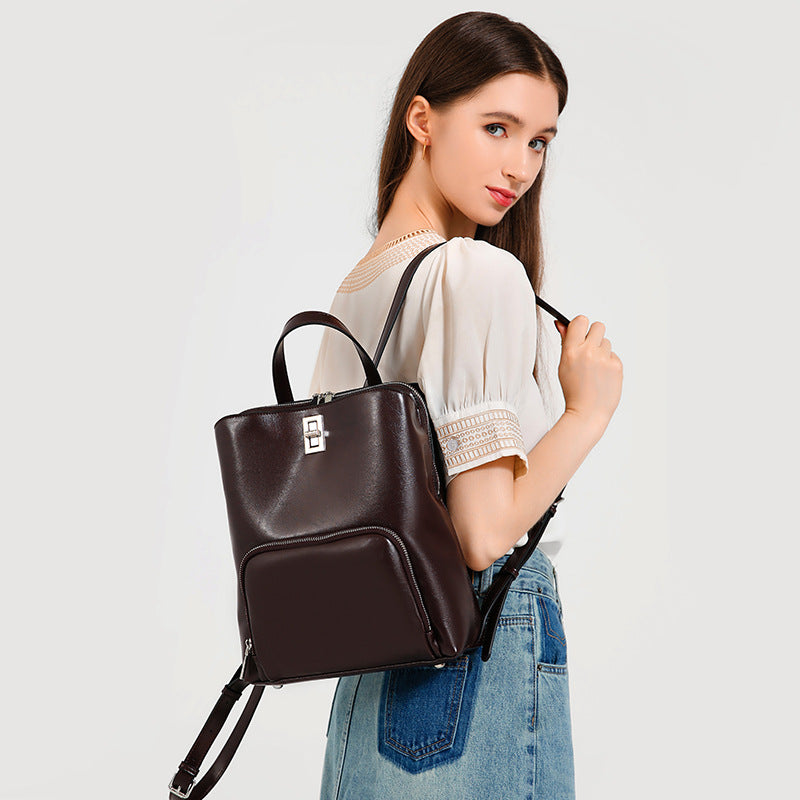 Women's Oil Wax Cowhide Zipper Genuine Leather Simple Backpacks