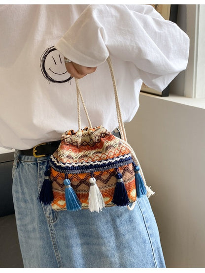 Women's Woolen Woven Street Trendy Fashion Drawstring Phone Bags