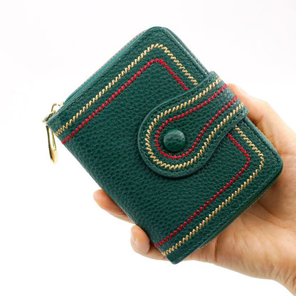 Women's Short Zipper Hasp Litchi Pattern Embroidered Ladies Wallets