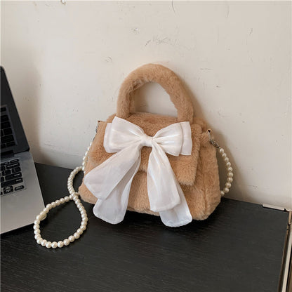 Cute Bowknot Sweet Plush Commuter Pearl Crossbody Bags